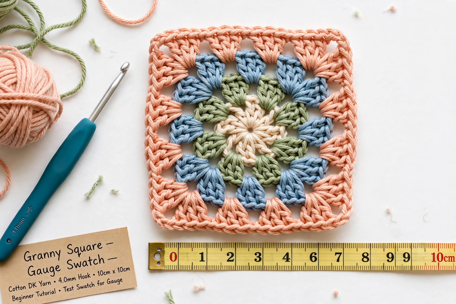 Granny square gauge swatch measuring 10cm with 4.0mm hook and cotton DK yarn for beginner bag pattern