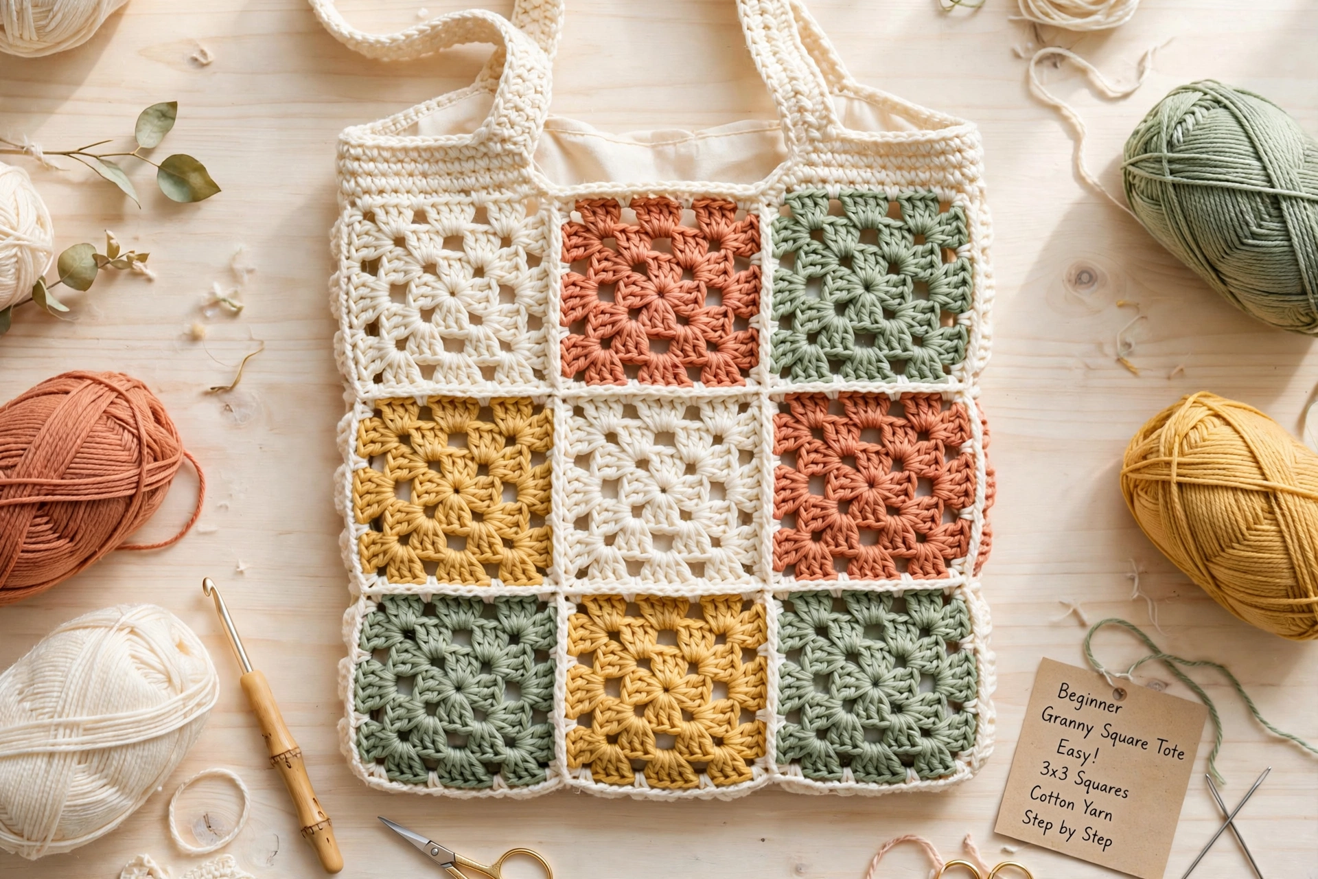 Nine granny squares arranged 3x3 layout for tote bag front panel color placement