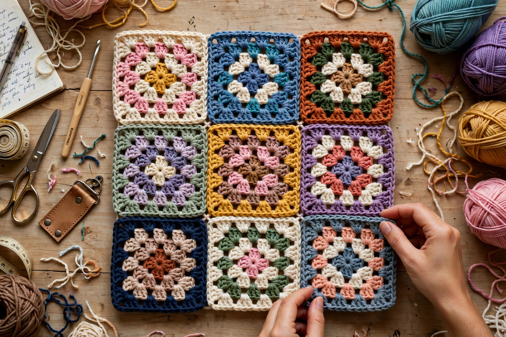 Woman carrying easy granny square tote bag at farmers market with peaches inside