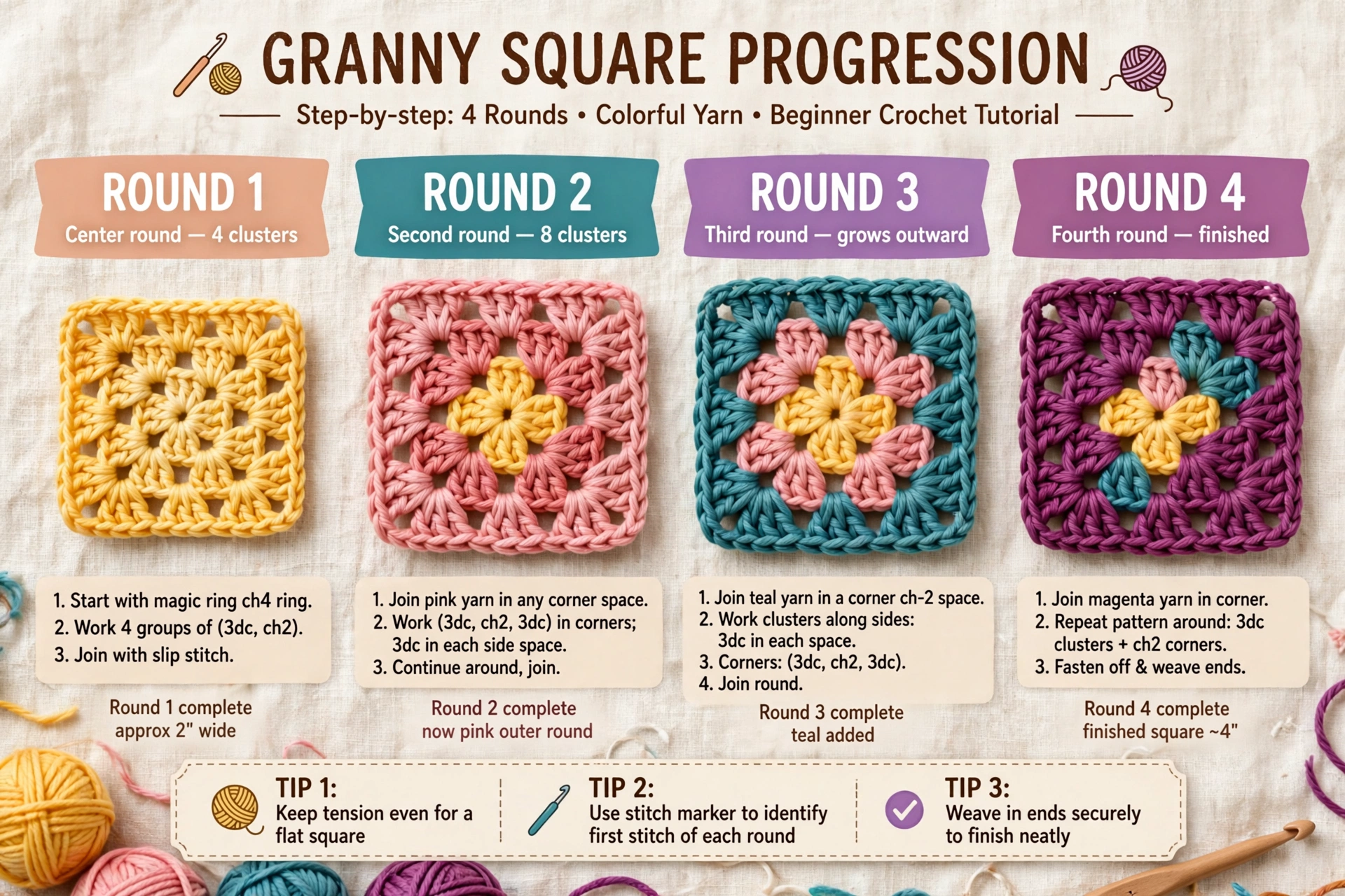 Granny square progression round 1 to 4 step by step tutorial for beginner crochet bag