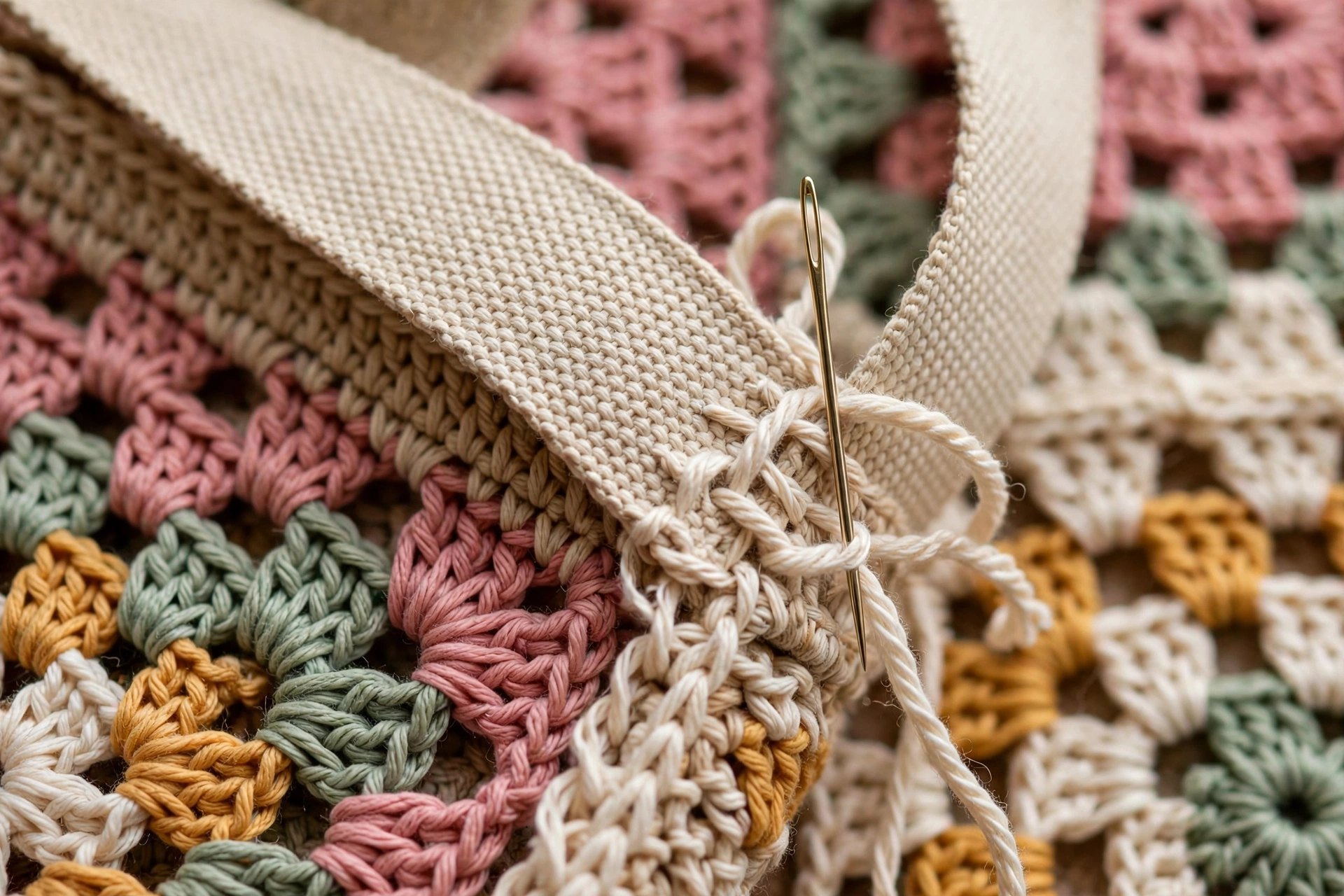Attaching crochet strap to granny square bag with tapestry needle reinforced stitch