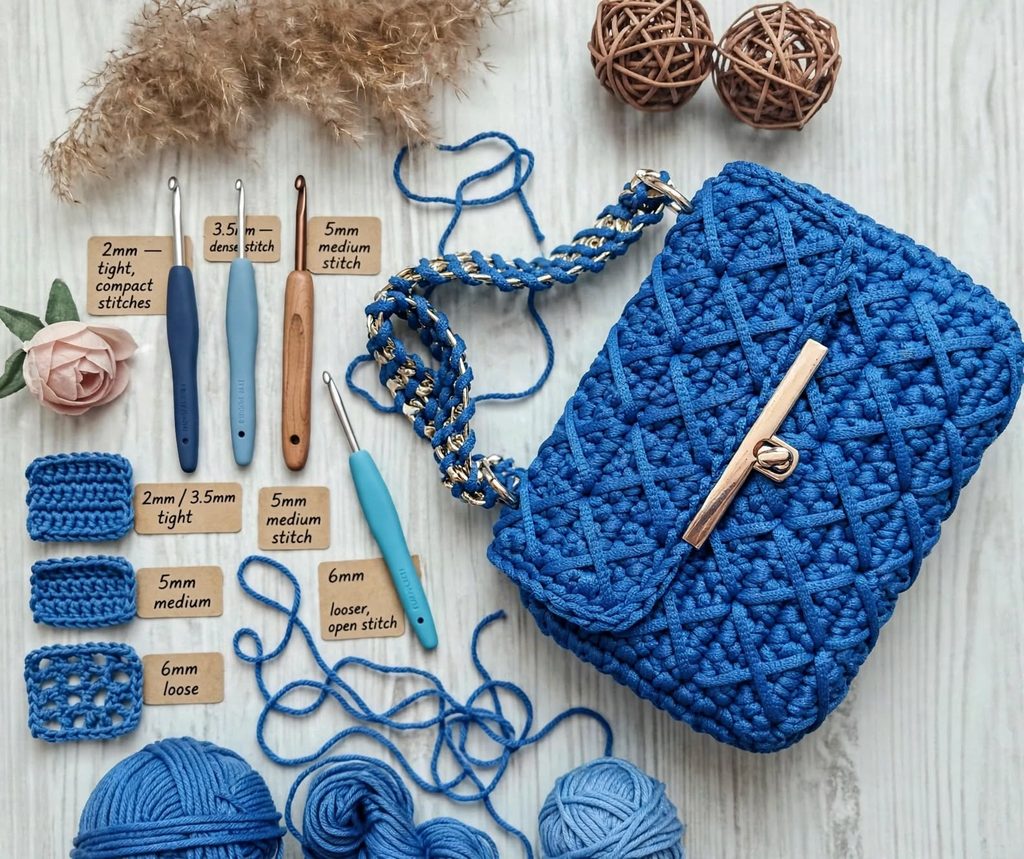 crochet hooks sizes 2mm tight compact 3.5mm dense 5mm medium 6mm looser open stitch blue bag exact product