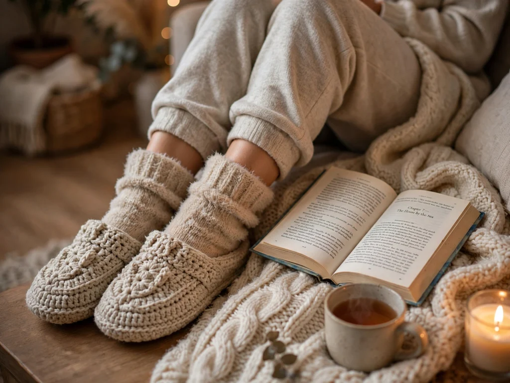 My everyday cozy moment handmade oatmeal slippers with fuzzy socks book tea and candle