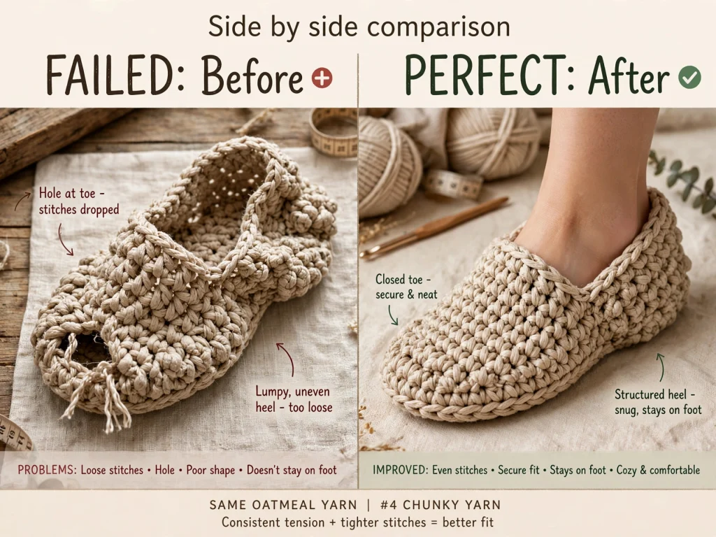 Side by side comparison failed crochet slipper hole at toe vs perfect cozy oatmeal slipper