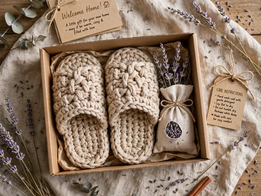 Crochet slippers gift packaging kraft box dried lavender sachet care tag bakers twine