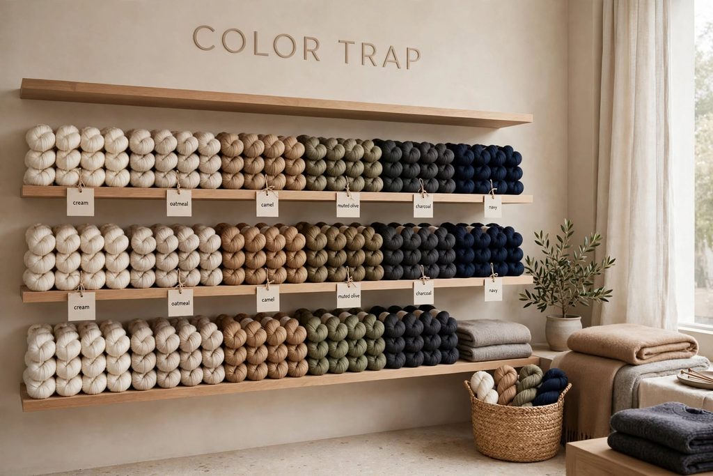 Color trap neutral colors cream oatmeal camel charcoal navy muted olive yarn shelves high-end knitwear shop quiet luxury palette