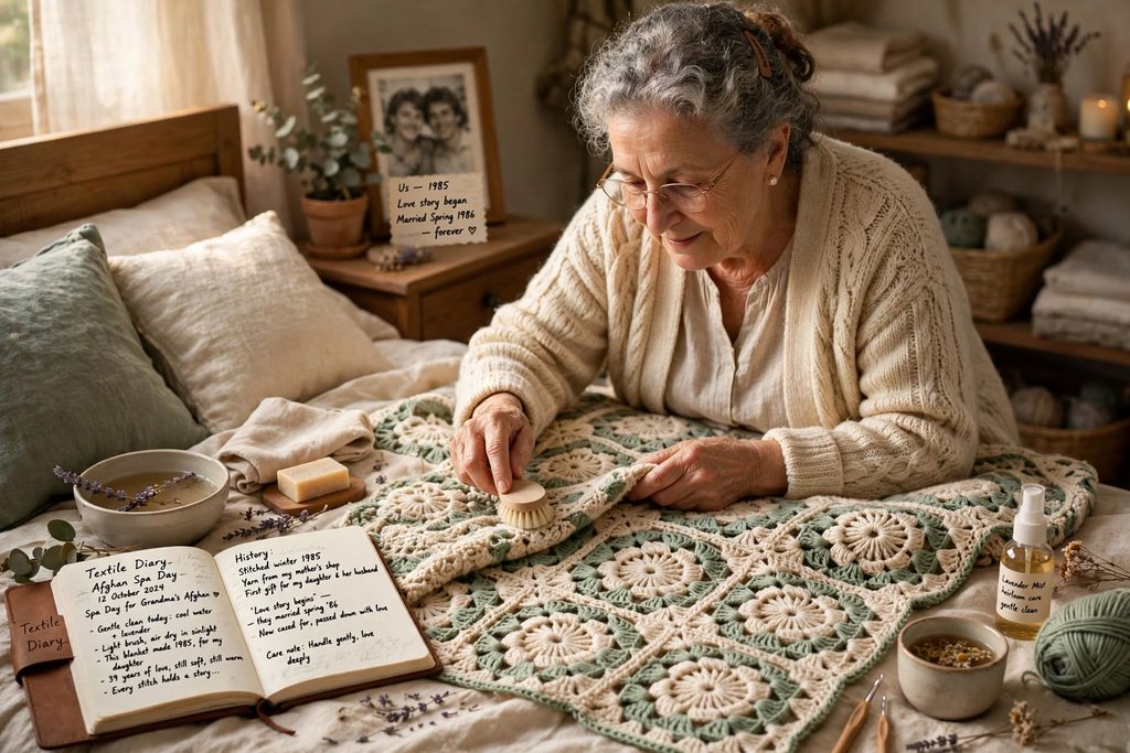 grandma afghan spa day textile diary crochet blanket care love story heirloom 1985 handmade