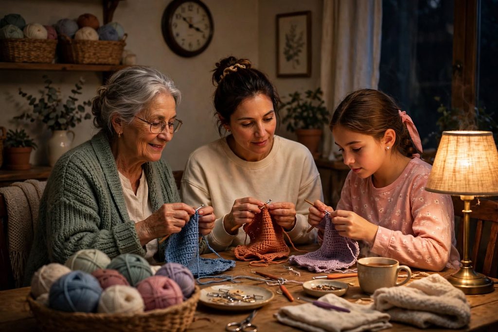grandmother mother daughter crocheting together generations rooted not trend 3am cozy lamp light