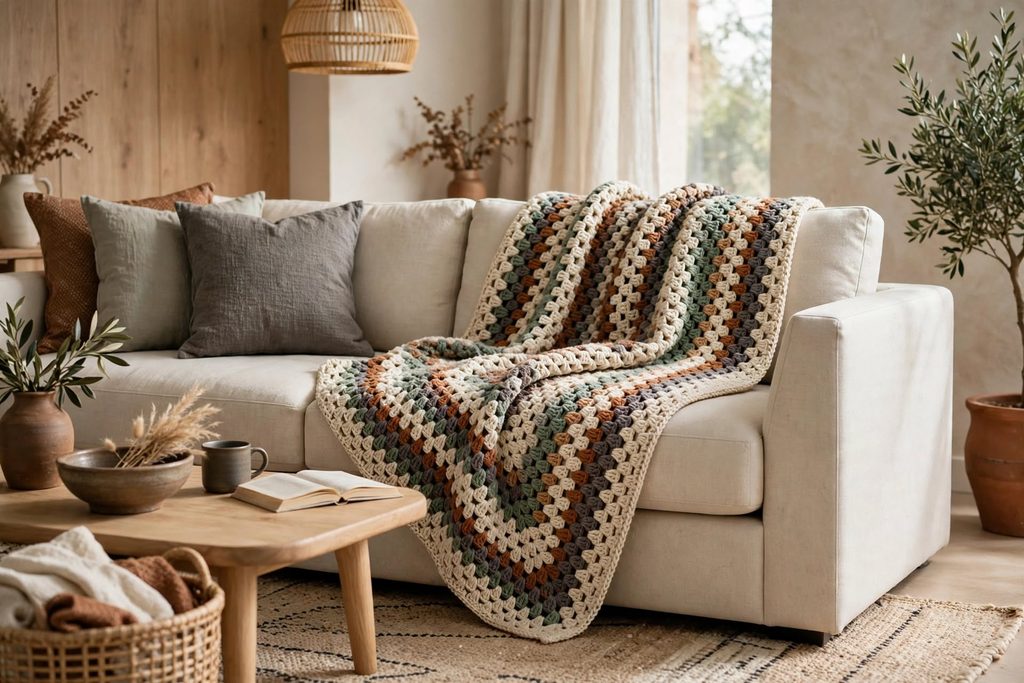 anti-trend crochet chunky blanket rustic living room modern home adaptability earthy neutrals