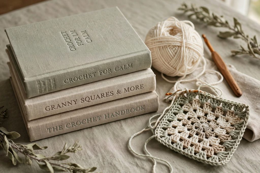 crochet books stacked beside crochet hook neutral yarn granny square cozy craft table