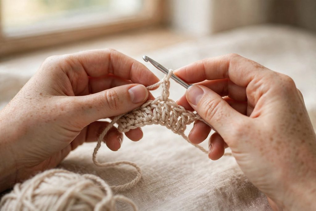 beginner learning to crochet with hook and beige yarn natural window light