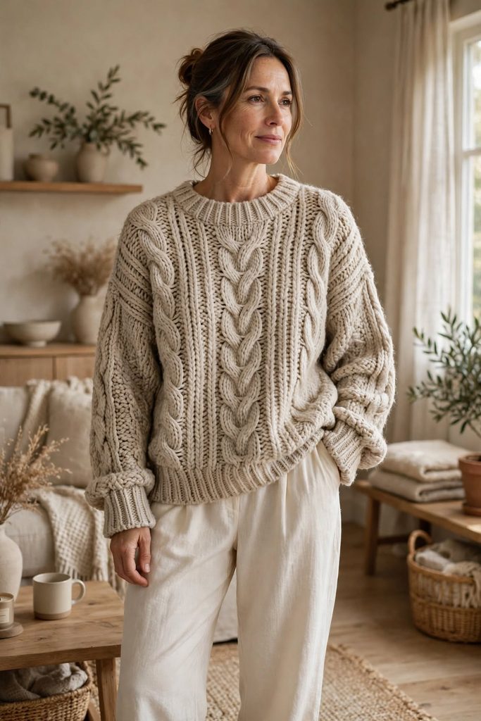 woman wearing oversized oatmeal knit sweater cream trousers cozy neutral interior