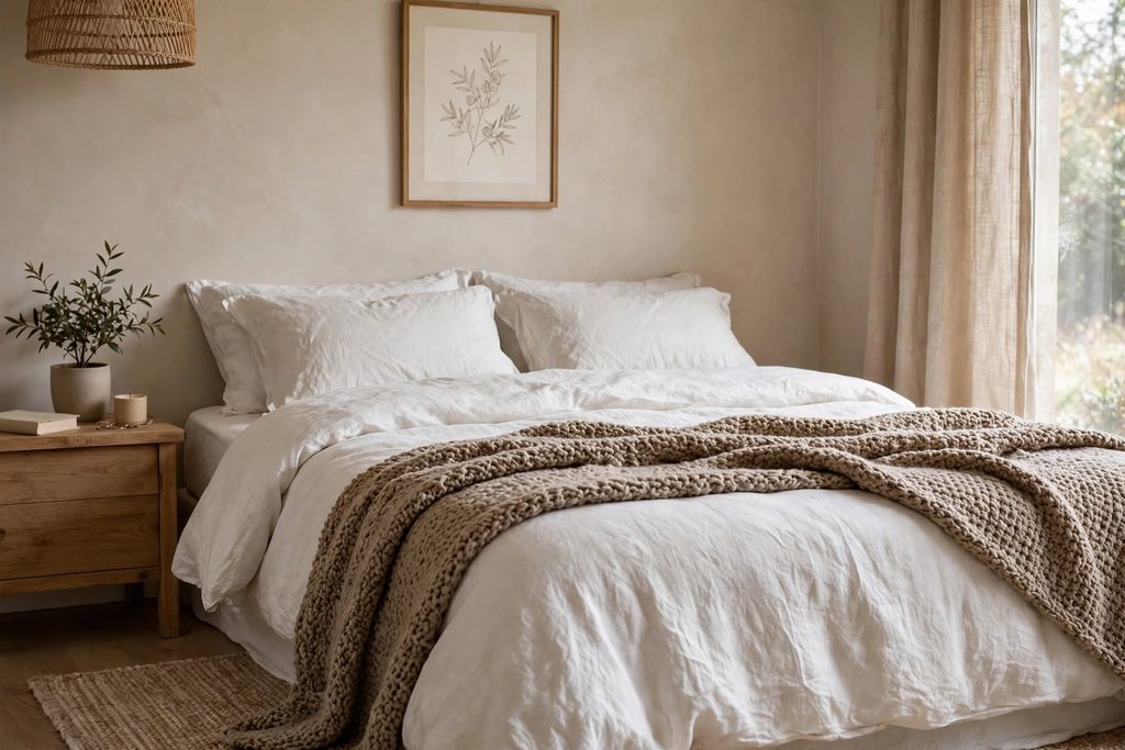 chunky taupe handmade knit blanket at foot of neutral bedroom white linen bedding