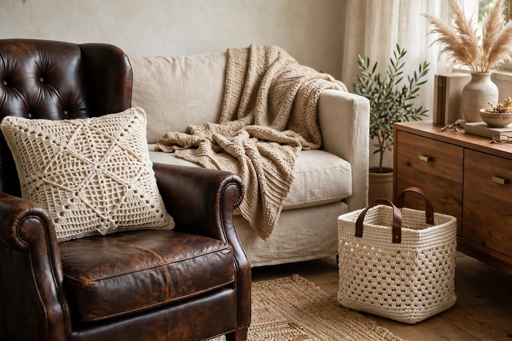 restoration hardware inspired living room ivory curved sofa dark wood coffee table crochet decor oatmeal textures