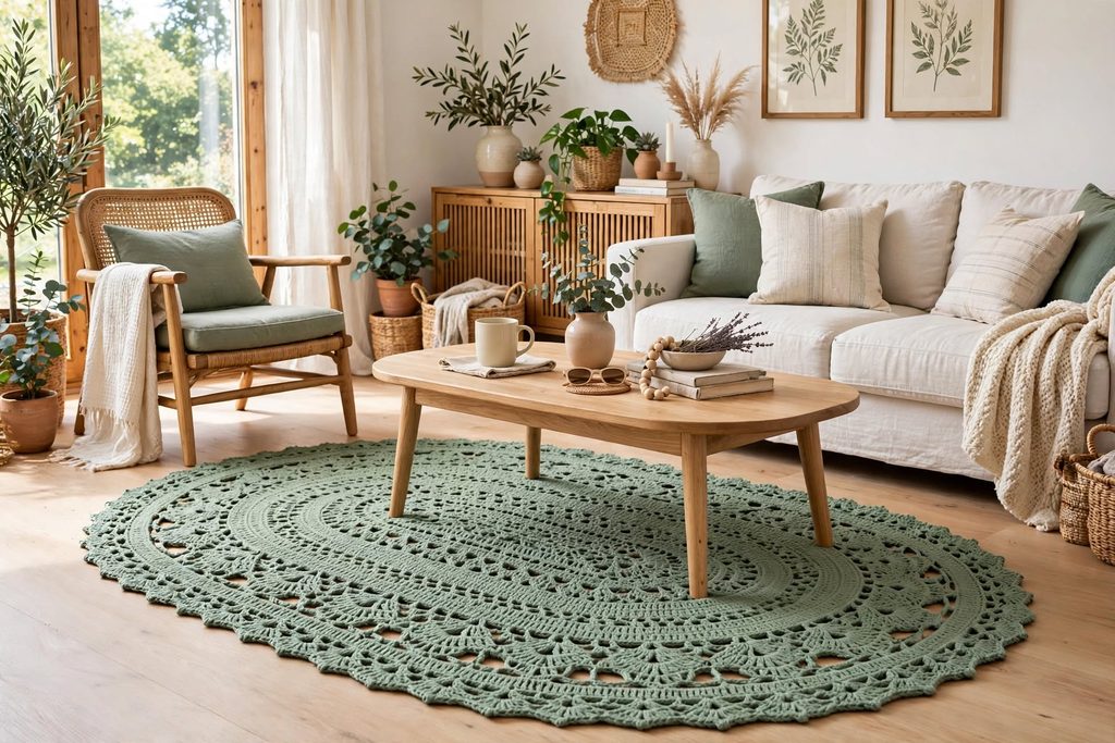 sage green oval crochet rug openwork stitch pattern bright living room natural wood furniture