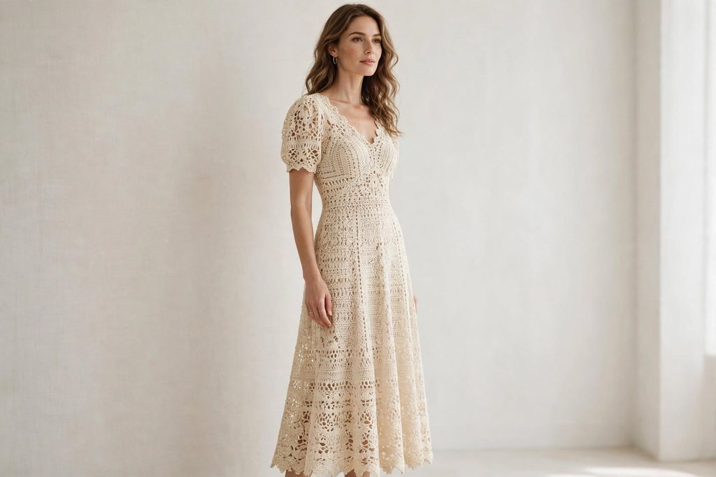 beautiful woman elegant cream crochet dress timeless style handmade fashion one stitch at a time