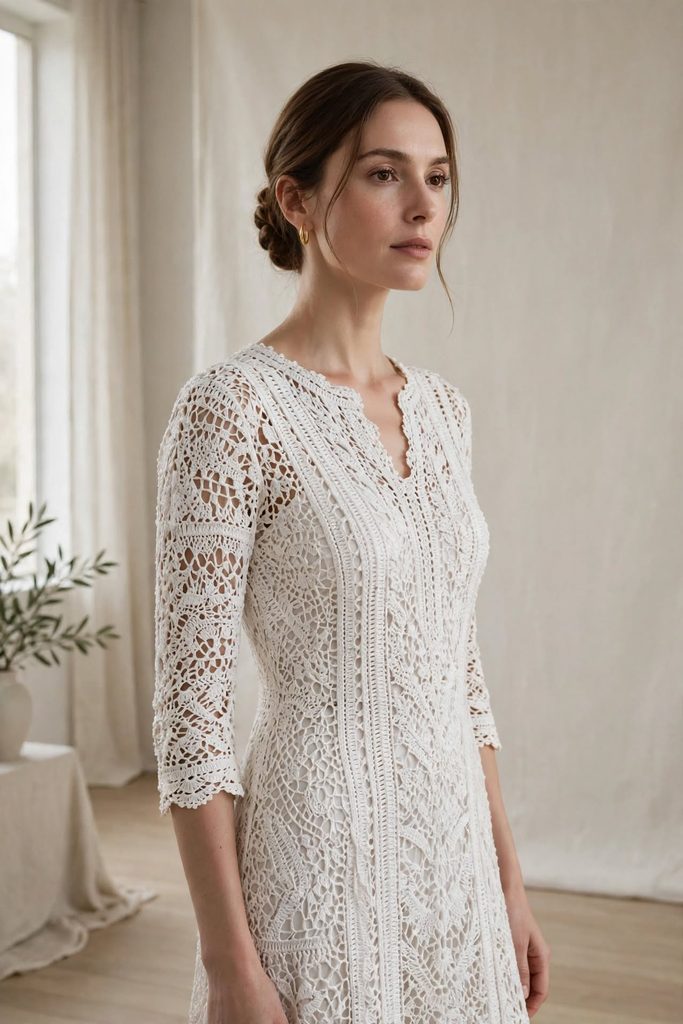 elegant woman white crochet lace dress intricate stitch three quarter sleeves timeless designer look