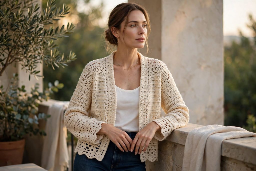 cream crochet cardigan dark denim textured top linen trousers afternoon light expensive look