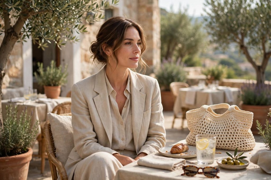 beautiful woman sitting summer restaurant terrace cream crochet tote bag olive trees quiet luxury