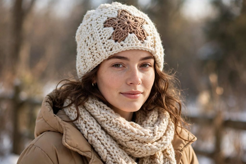 handmade crochet star beanie cozy winter outfit chunky scarf coat natural light