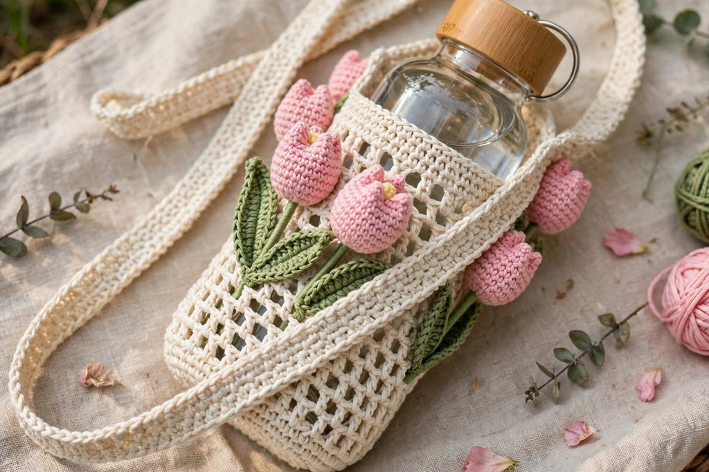 handmade crochet tulip water bottle holder crossbody strap pink tulips