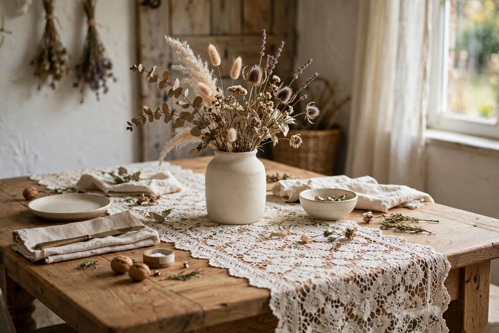 crochet lace table runner styled wooden dining table ceramic vase dried flowers daylight