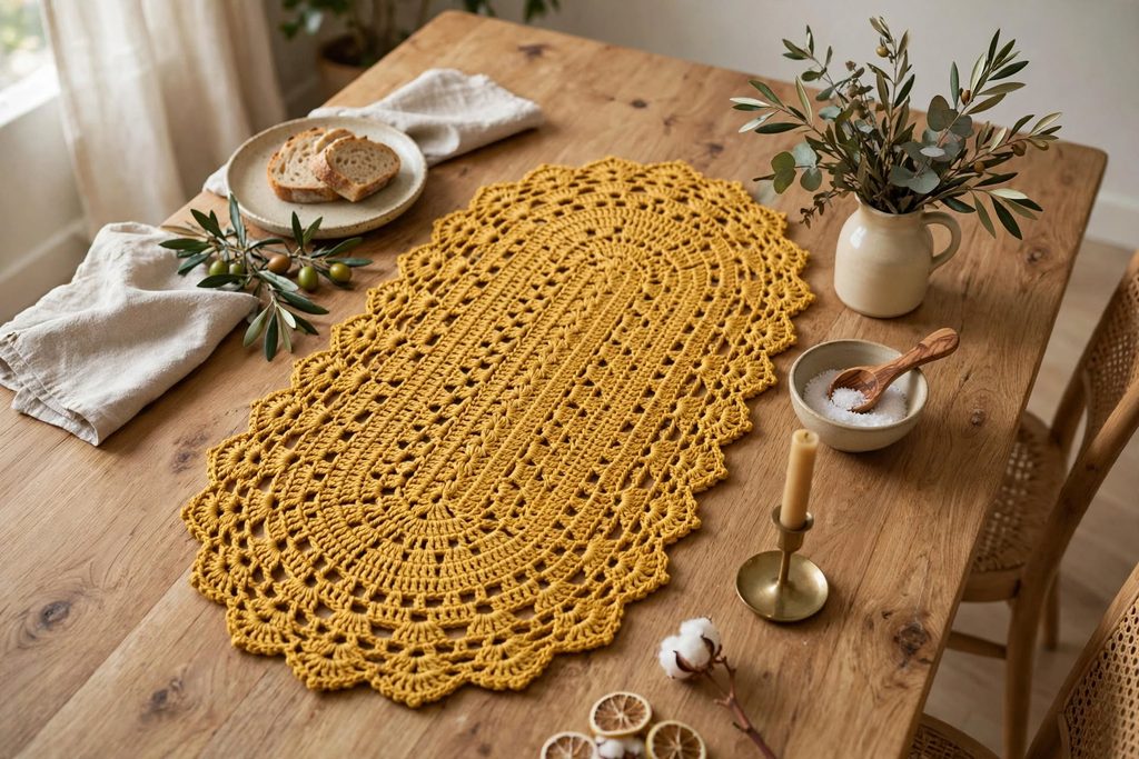 mustard yellow crochet oval table runner natural wooden dining table daylight
