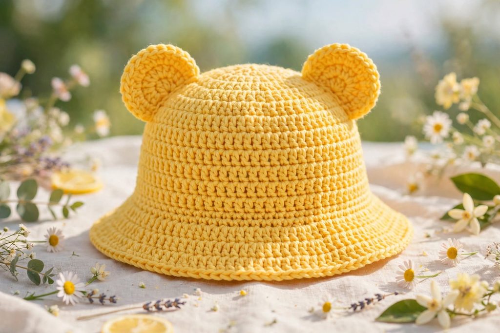 cheerful yellow crochet bucket hat with soft animal ears natural summer light