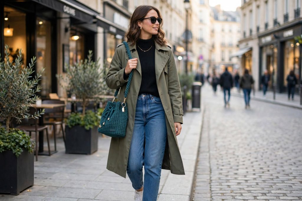 woman carrying teal cord bucket bag crossbody street style trench coat exact product lifestyle