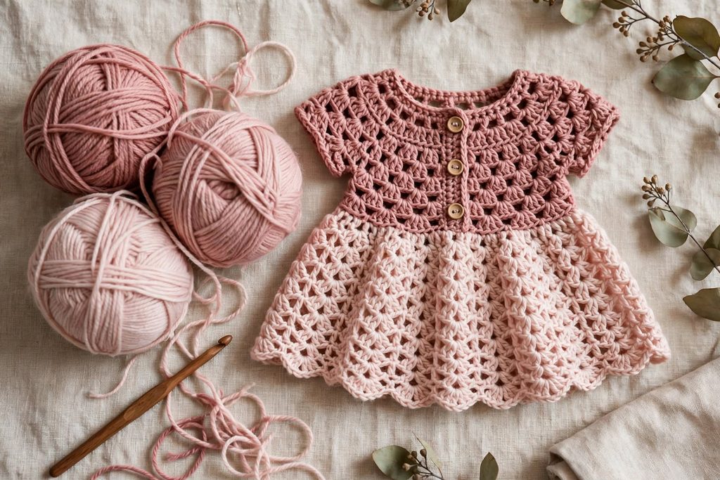coordinating pink yarn shades dusty rose blush pink selected for two tone crochet baby dress