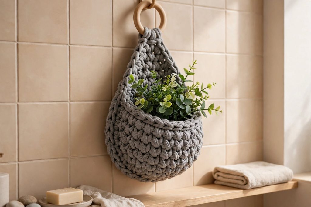 gray chunky crochet hanging planter pocket with green foliage on beige tiled wall