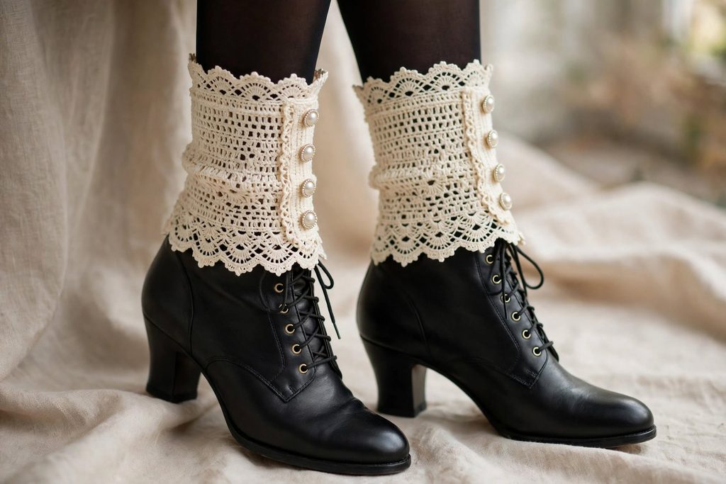 cream Victorian-inspired crochet spats with lace edging and pearl buttons worn over black tights and elegant black ankle boots