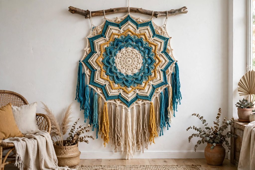 Crochet mandala tapestry hanging above reading chair eye level boho corner monstera plant linen cushion ceramic vase