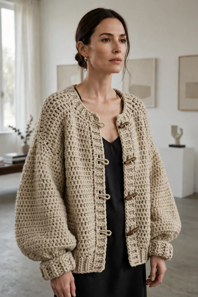 Oversized chunky crochet cardigan balloon bishop sleeves oatmeal wool gallery owner look designer