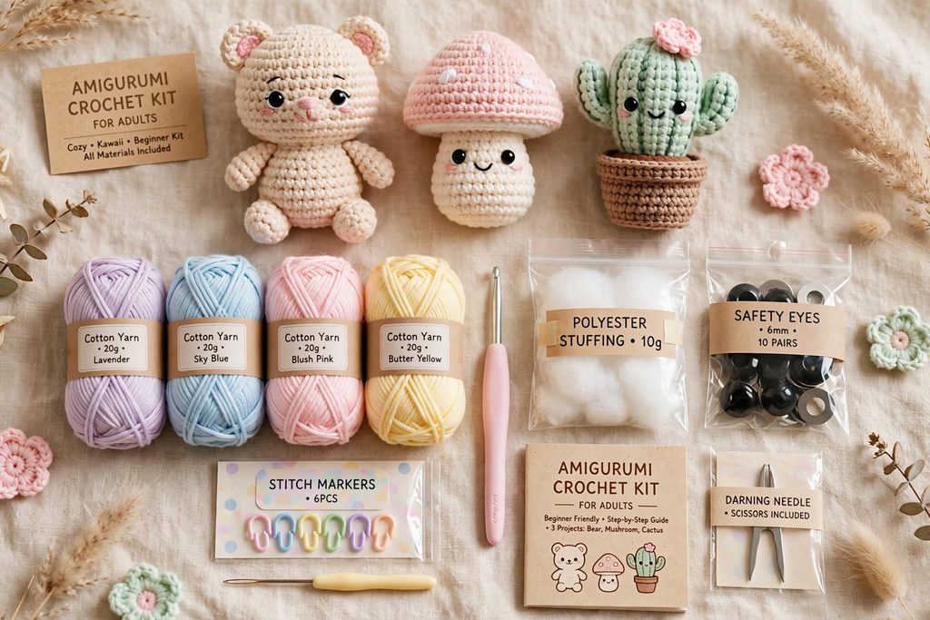 Amigurumi crochet kit for adults bear mushroom cactus cotton yarn safety eyes stuffing stitch markers