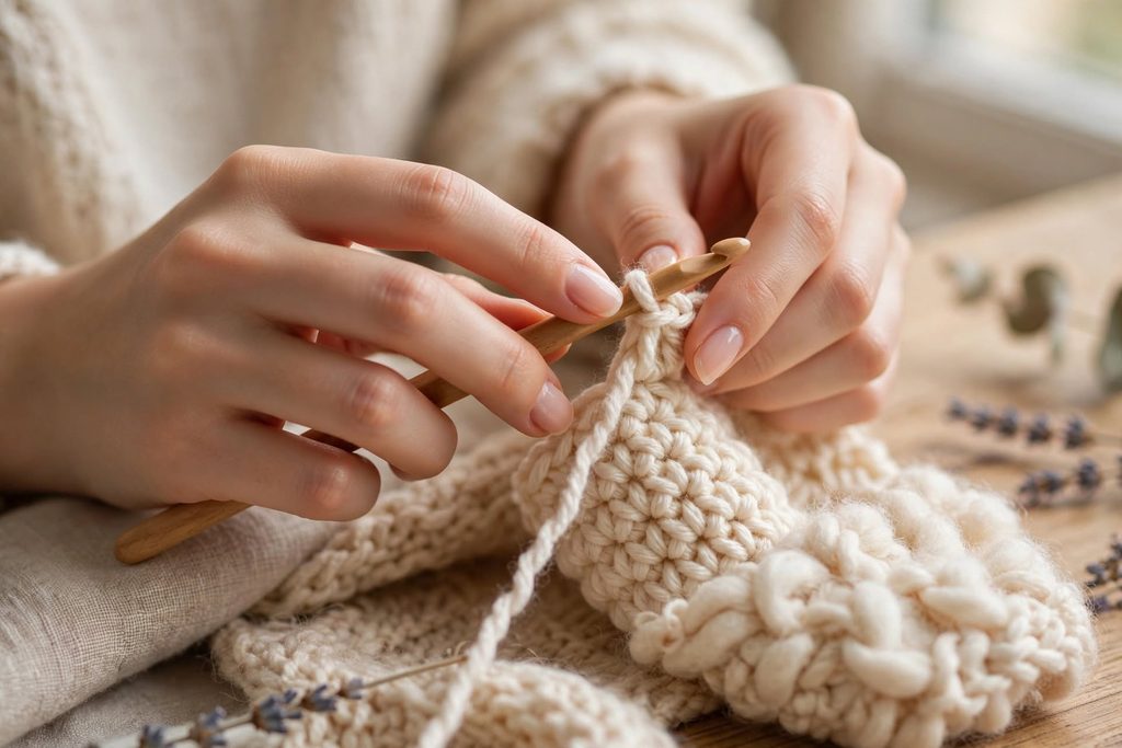 Cozy knit yarn balls knitting needles warm drink bed soft light hygge morning crochet therapy lifelong habit