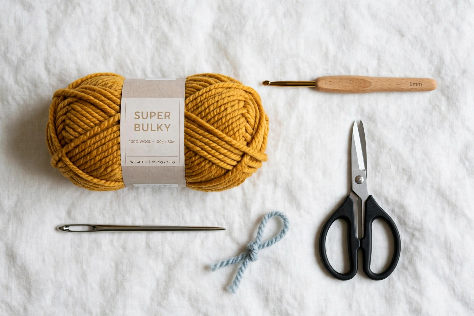 mustard super bulky yarn flat lay with scissors tapestry needle 9mm hook