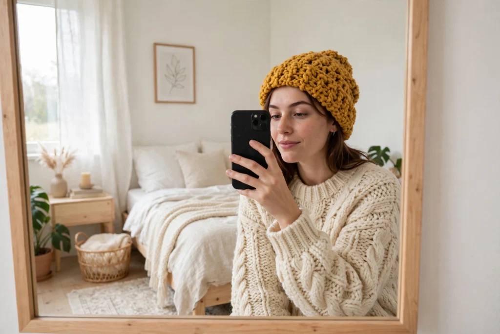 i made this beanie in one evening mustard chunky crochet beanie mirror selfie cream sweater