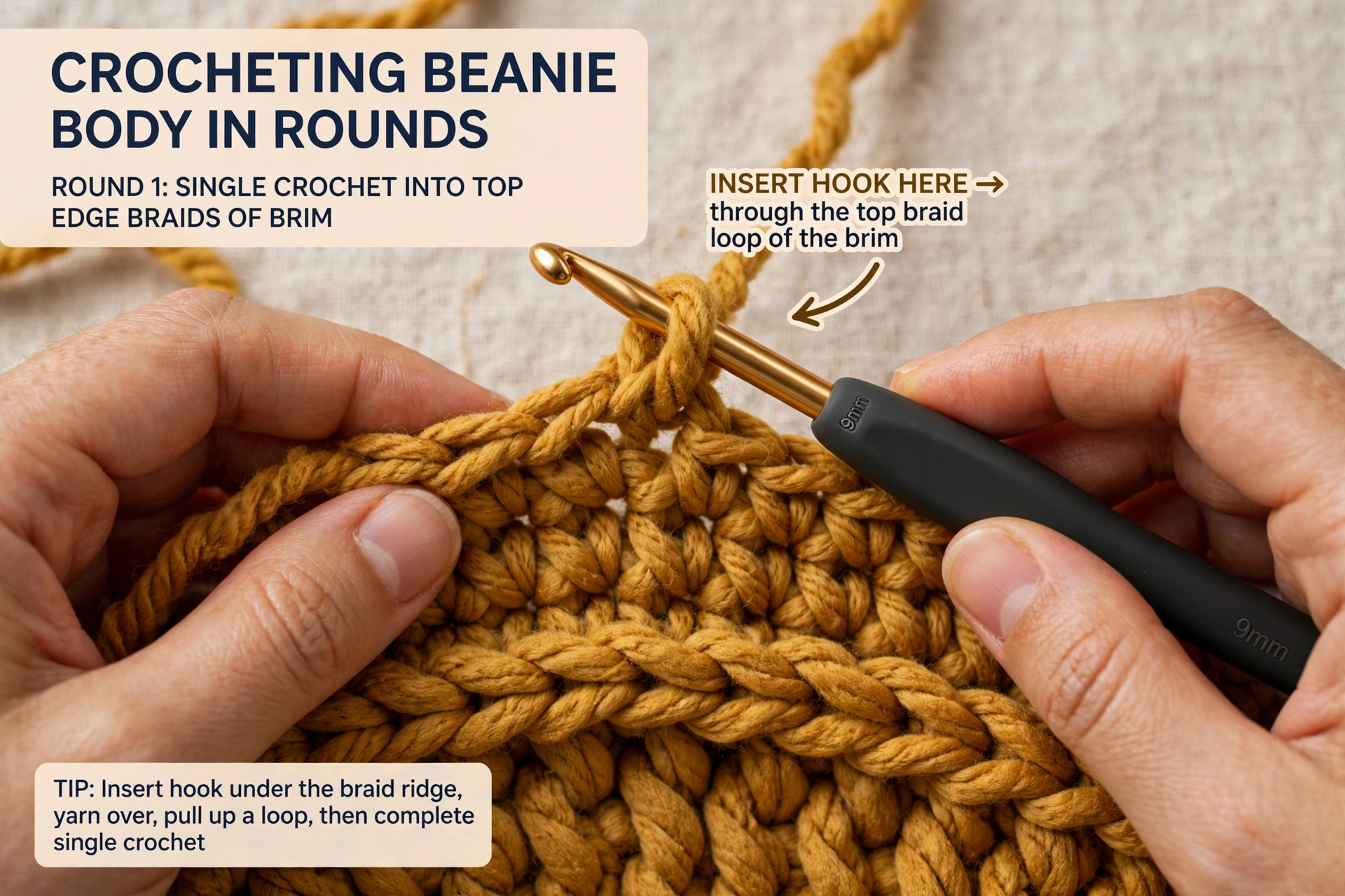 back loop only BLO crochet tutorial hands 9mm hook mustard yarn inserting hook