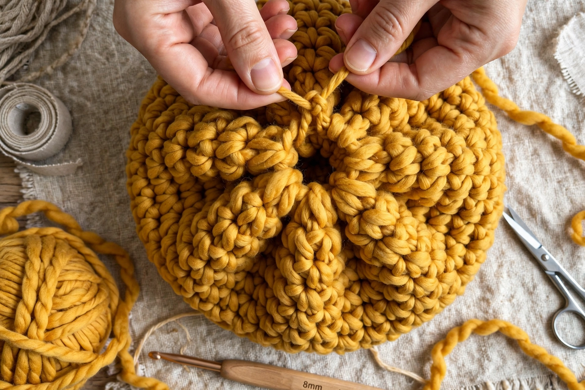 closing crown decrease top mustard chunky beanie hands pulling yarn