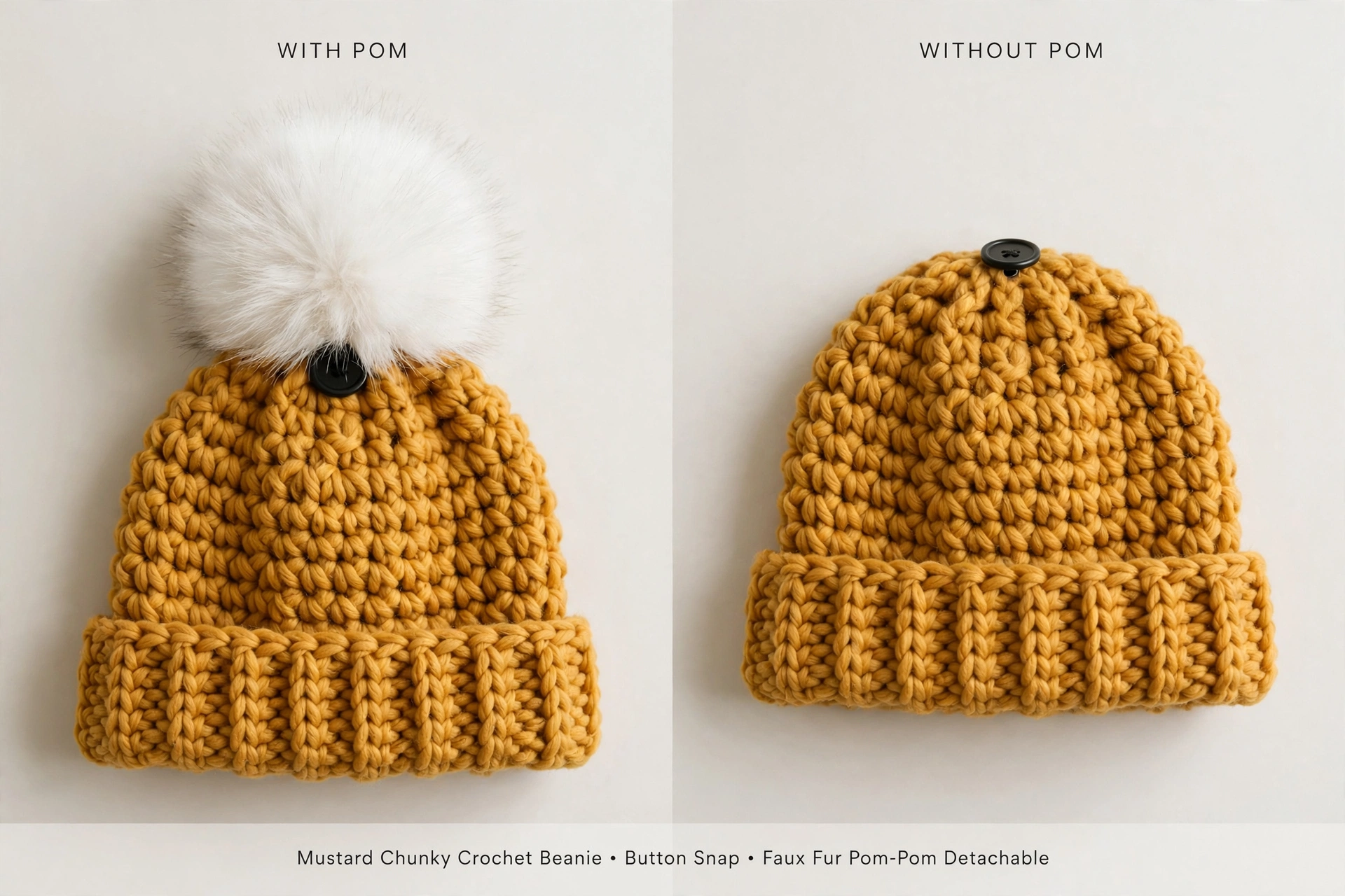 mustard chunky beanie faux fur pom pom button snap removable