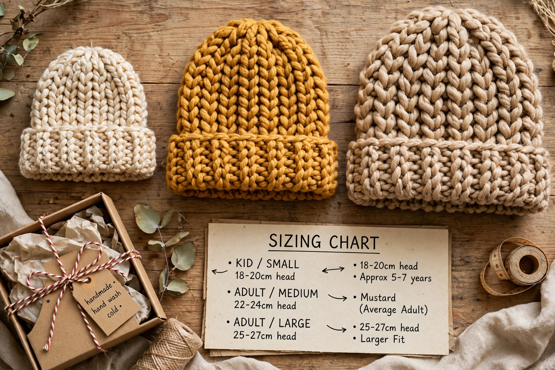 three chunky beanies sizing chart gift box craft flat lay measuring tape