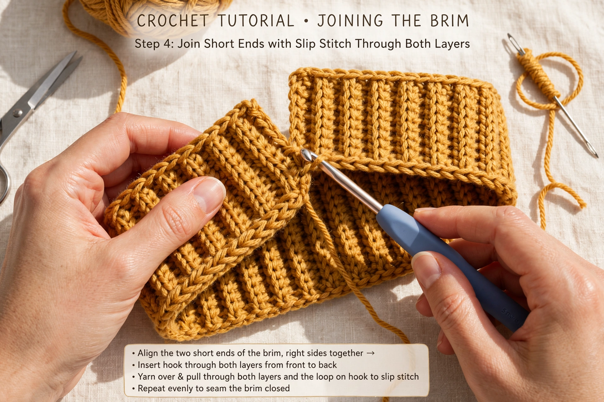 single crochet body rounds top edge brim braid mustard beanie tutorial where to insert hook
