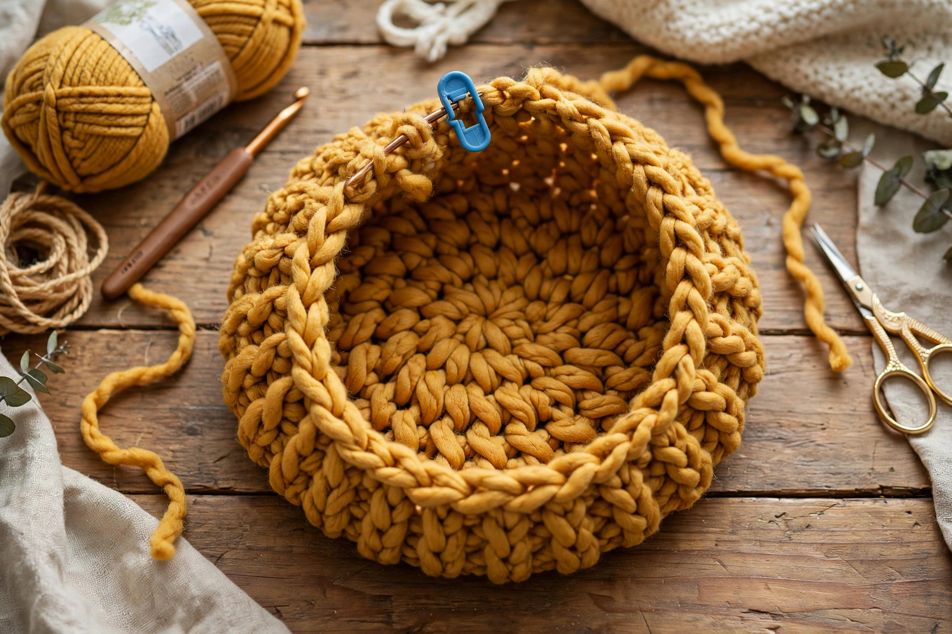 joining brim circle slip stitch mustard beanie in progress blue stitch marker
