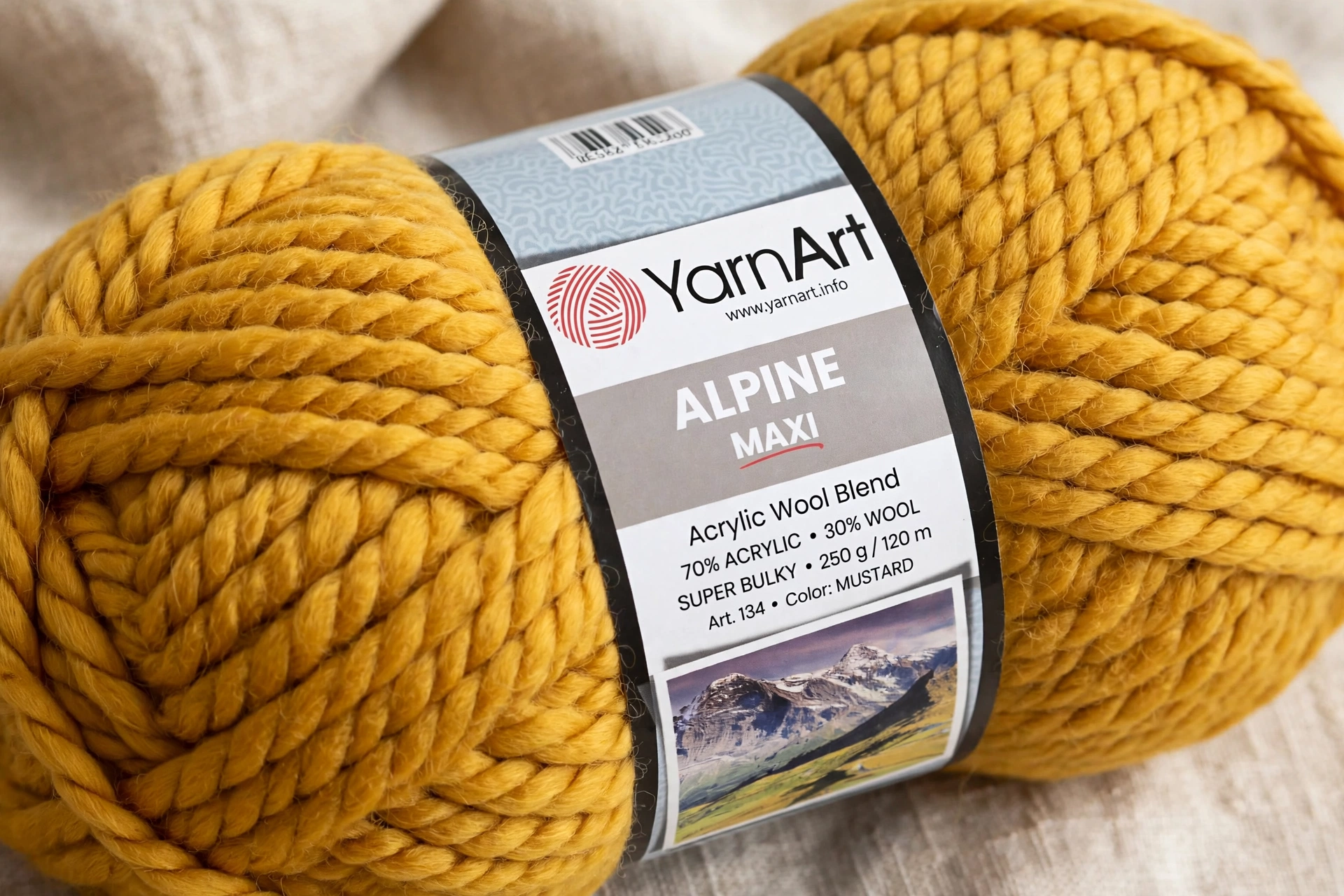 YarnArt Alpine Maxi mustard super bulky yarn 70 acrylic 30 wool 120 meters label