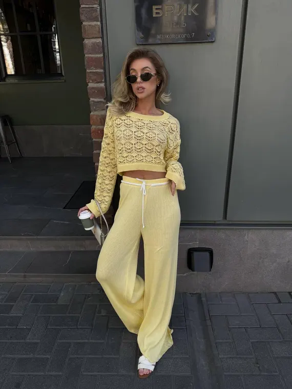 Yellow Knit Lounge Set – Crochet Crop Top and Wide Leg Pants – 2 Piece  Summer Outfit for Women – Beachwear, Vacation, Casual Loungewear