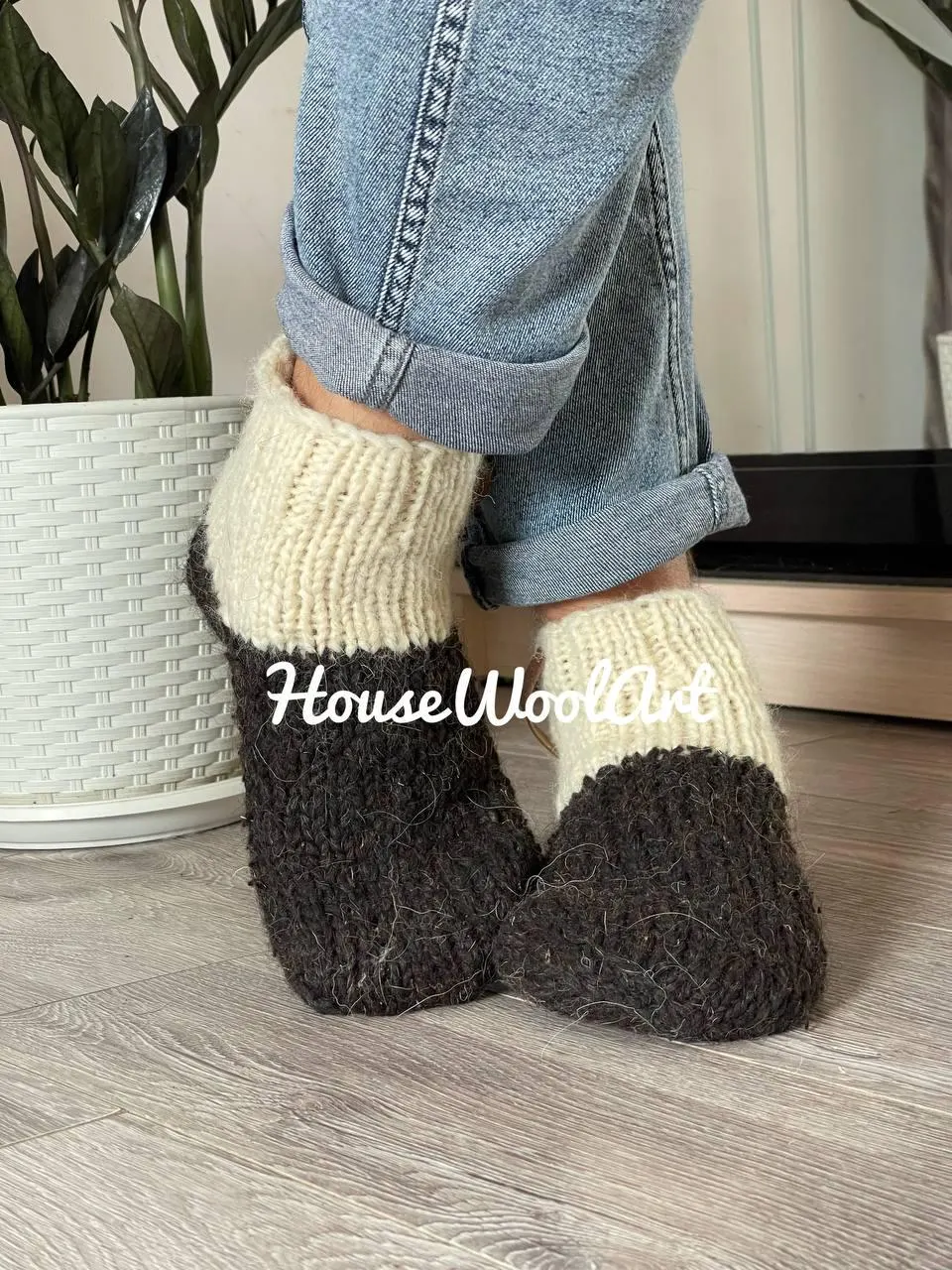 Black and cream chunky knit wool slipper socks — thick handmade house shoes with ribbed cuff.