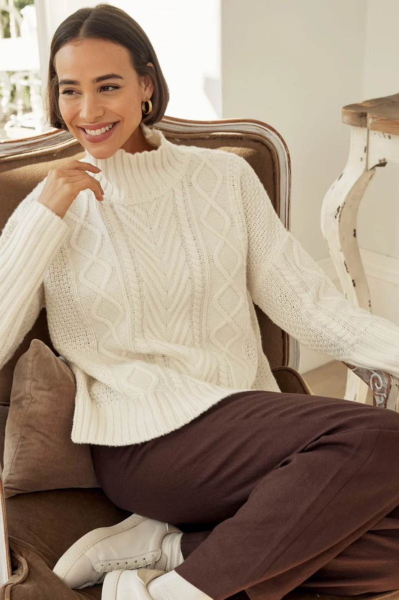 Merino Wool Cable Knit Funnel Neck Jumper | Cream