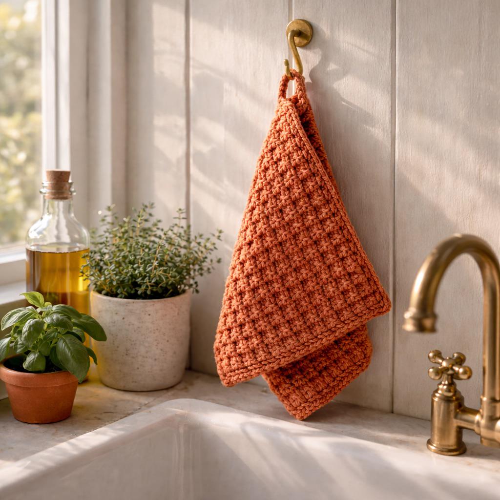 White crochet dish towel with turquoise border and corner accent on rustic wood — textured cotton kitchen towel with decorative edge