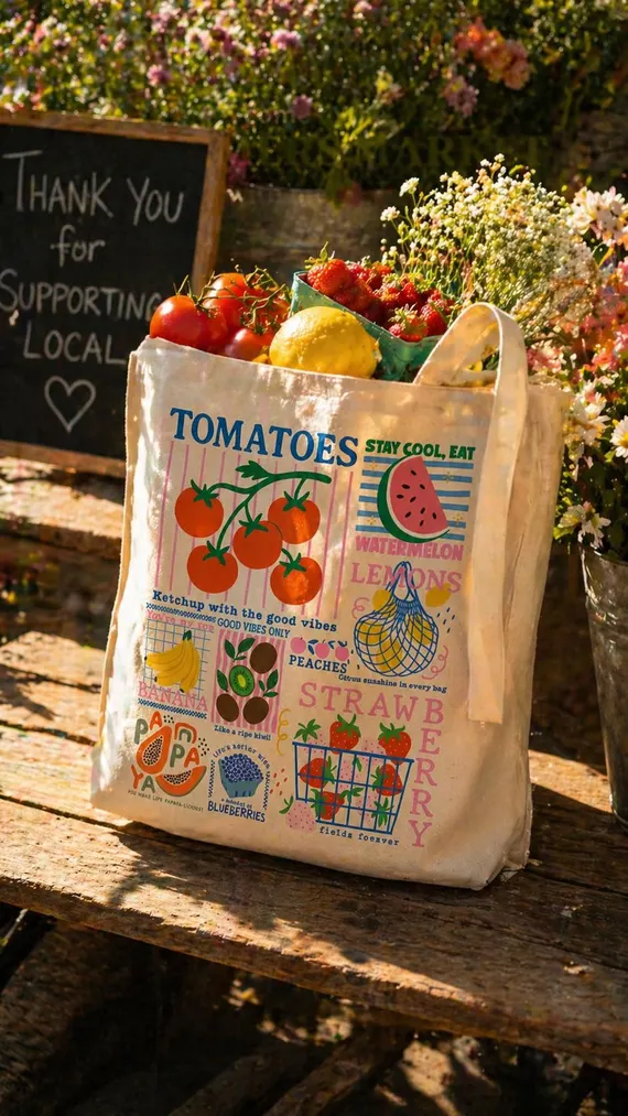 Canvas market tote bag filled with strawberries, lemons and tomatoes next to a chalkboard sign thanking customers for supporting local farmers